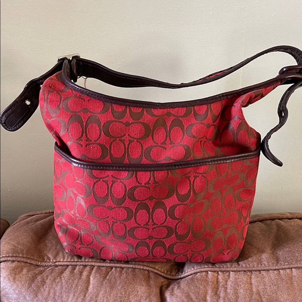 Coach Red and Brown Geometric Hobo Bag